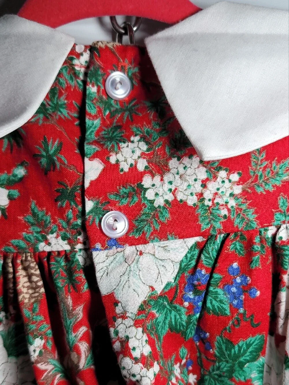 Girls' Red Floral Holiday Dress with White Lace Collar